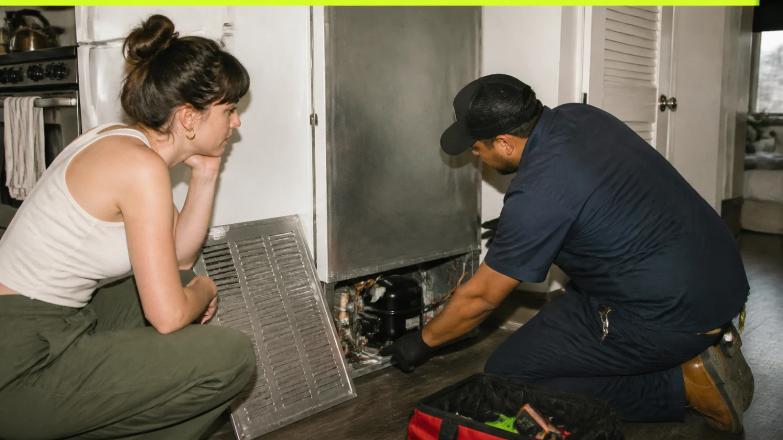 California renter reviewing a refrigerator diagnosis, move-in appliance photo, and replacement invoice