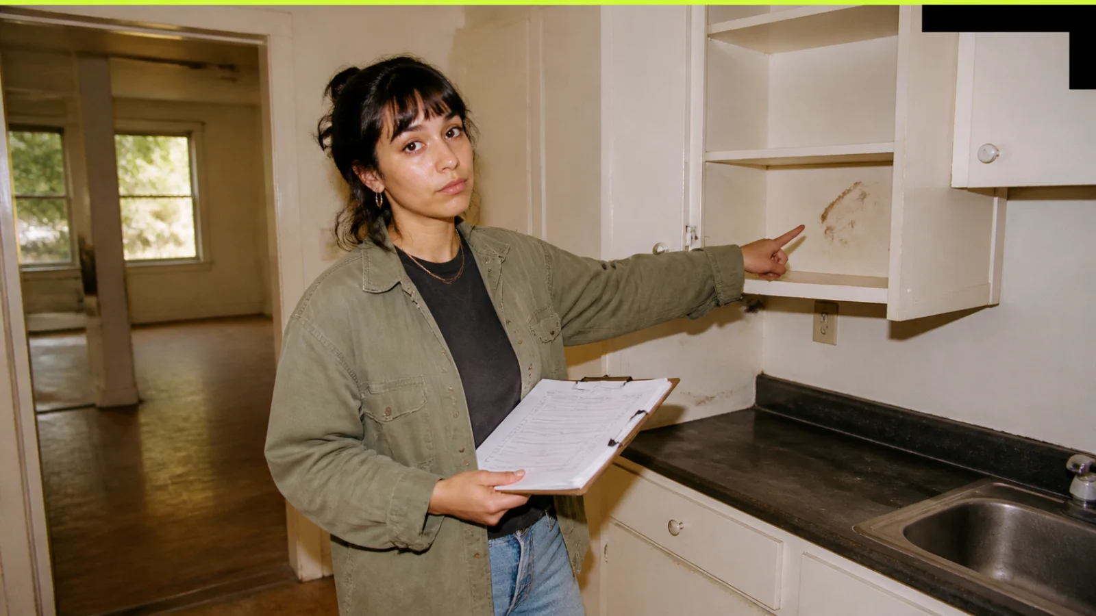 Tenant comparing a signed initial inspection list with later damage photos and deposit deductions