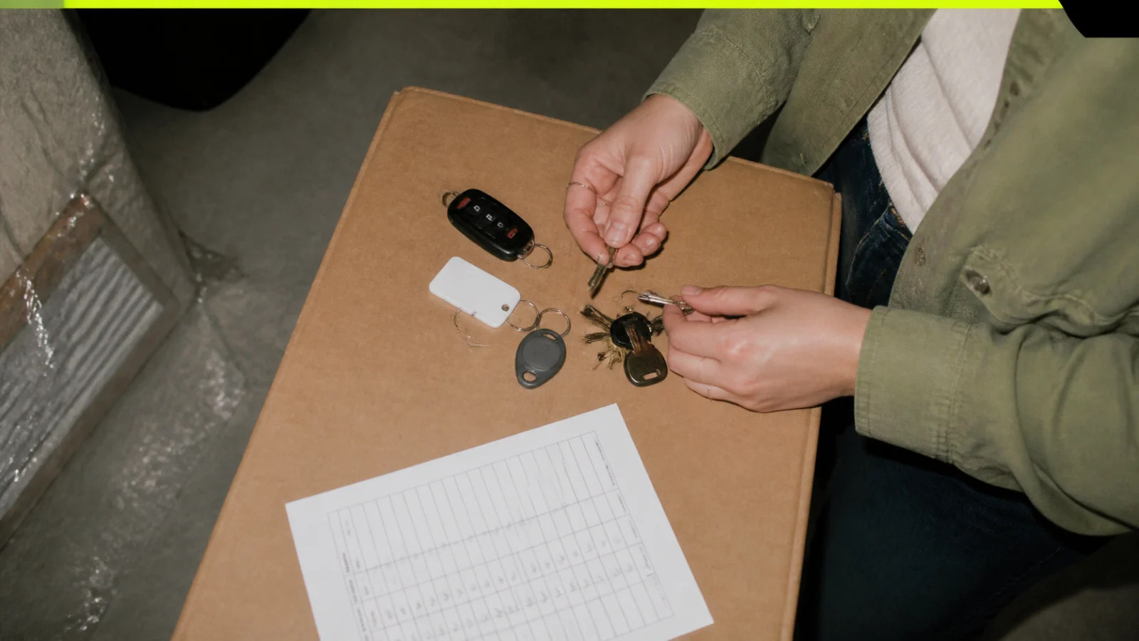 Move-out key envelope, garage remote inventory, locksmith invoice, and California deposit statement