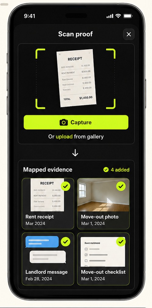 RentClaw proof scanner interface with mapped evidence.